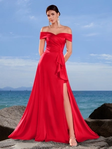 Elegante Vestito da Sera Spalle Scoperte Con Spacco Alto Donna Poliestere Arricciato Con Volant Tinta Unita Slim Fit