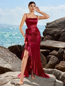 Elegant burgundy satin evening dress with ruffles, thin straps and a side high slit