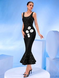 Elegant black mermaid bandage dress with white 3D floral accents and pearl bead trim