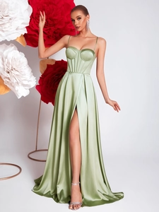 Elegant sage green satin evening gown with corset top and high slit for formal parties