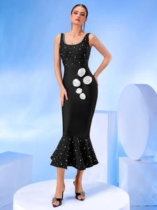 Elegant Black Bandage Fishtail Dress With 3D Floral Decoration Pearl Beaded Sleeveless Slim Evening Party Maxi Dress