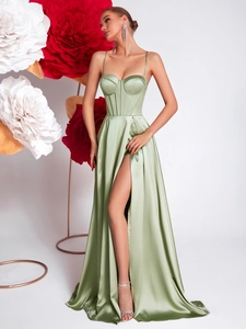 Elegant light green satin maxi dress with corset top and high slit for party wear