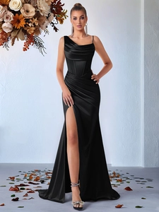 Elegant black one-shoulder satin evening gown with side slit and cowl neck detail