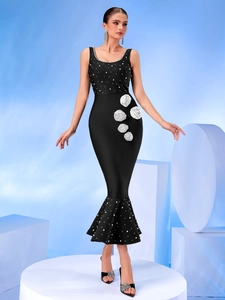 Elegant black bandage dress with 3D white roses, pearls and mermaid hem for formal gala