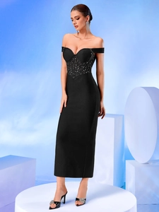 Elegant black off-shoulder bodycon midi evening dress with sequins and corset boning