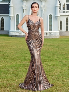 Robe de Soirée Maxi à Paillettes Élégante pour Femmes Coupe Slim Bretelles Spaghetti Sirène Banquet Robe de Fête Motif Géométrique