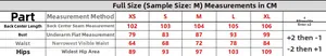 Detailed size chart for off-shoulder slit dress featuring XS to XL measurements in centimeters