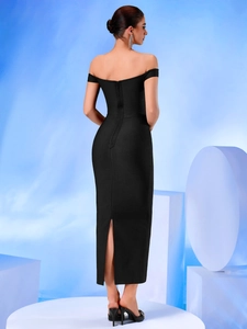 Elegant black off-shoulder bodycon midi dress with back zipper and high slit detail