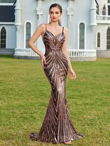 Robe de soirée sirène élégante à paillettes dorées avec décolleté en V et fines bretelles