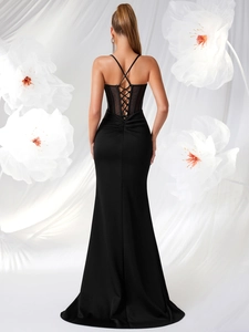 Elegant black mermaid evening gown with lace-up back and mesh details for party events