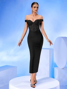 Elegant black off-shoulder corset dress with sequins for evening parties and events