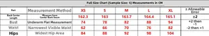 Detailed size chart for royal blue evening gown including bust, waist and hip measurements