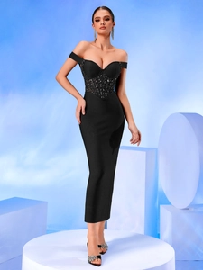 Elegant black off-the-shoulder bandage dress with sparkling sequins for evening parties