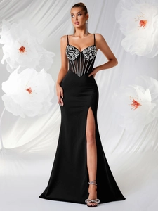 Sexy Black Evening Gown Rhinestone Mesh Splicing Slim Fit High Slit Long Cami Dress For Women Formal Banquet Party Dress