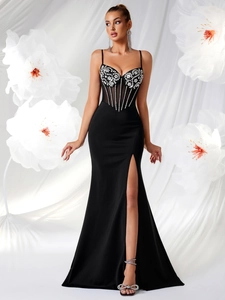 Sexy black evening gown with rhinestone embroidery, mesh corset bodice and high slit detail