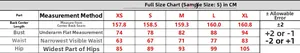 Detailed size chart showing bust, waist, hip, and length measurements for the evening gown