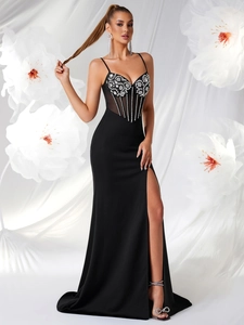 Elegant black evening gown with rhinestone flowers and sexy side split mesh design