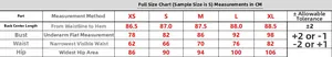 Detailed size guide table for lace evening dress showing bust, waist, and hip measurements