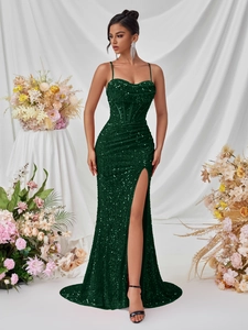 Deep green sequined slit long dress with spaghetti straps and corset waist for parties