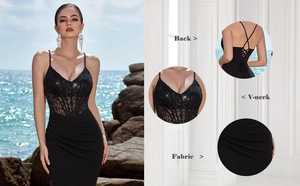 Detail of sexy black evening dress featuring lace sequins and cross back design