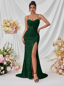 Deep green sequined slit maxi dress with thin straps and a corset bodice design
