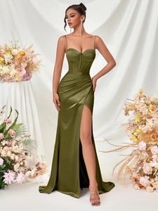 Women Elegant Satin Corset Maxi Dress Sexy Strappy Off Shoulder High Slit Bodycon Evening Gown For Banquet Party Wedding