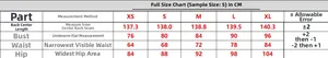 Detailed size chart for sequin fishtail dress including chest, waist and hip measurements