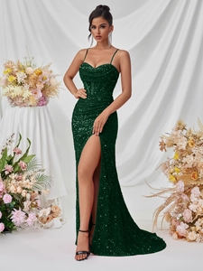 Luxury Sequin Spaghetti Strap Split Maxi Evening Dress Elegant Dark Green Formal Slim Banquet Party Host Evening Gown