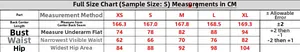 Detailed size chart for black slim fit evening dress with measurements in centimeters