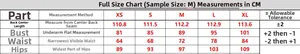 Size chart table for elegant satin dress showing measurements from XS to XL in centimeters