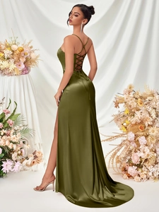 Elegant olive green satin long evening dress with backless lace-up and high slit