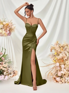 Elegant olive green satin long evening dress with spaghetti straps and high slit detail