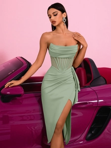 Women Sexy Off Shoulder Boned Corset Ruched High Slit Evening Dress Elegant Slim Fit Party Gown For Banquet Formal Occasions