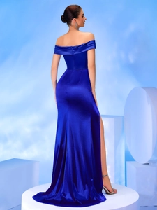 Elegant royal blue off-shoulder satin mermaid evening gown with a high side slit back view