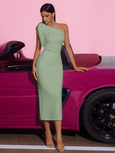 Elegant sage green one-shoulder satin dress with bow detail and slim fit for parties