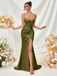 Olive green satin evening gown with corset top and high slit for elegant party wear