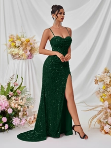 Deep green sequin evening dress with sweetheart neckline and thigh-high side split
