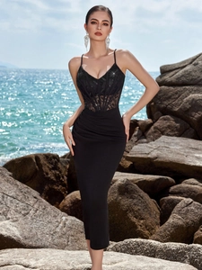 Black Sling Lace Patchwork Evening Dress Sexy Deep V Slim Hip Wrap Prom Dress Elegant Backless Ruched Formal Gown Women