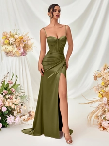 Elegant olive green satin long evening gown with thin straps and high side slit