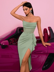 Sage green off-shoulder corset dress with high slit and wrap detail for formal events