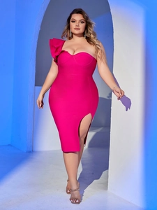Detail of elegant one-shoulder ruffled neckline on a rose red bodycon bandage dress