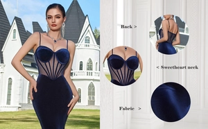 Detail of dark blue velvet dress showing sweetheart neck and sheer mesh back panels