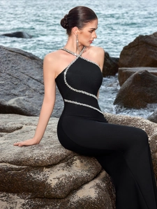 Women Halter Neck Cross Rhinestone Evening Dress Slim Fit Mermaid Maxi Gown Elegant Banquet Party Formal Dress Polyester