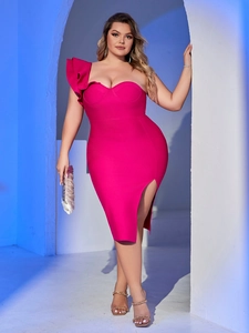 Detail view of the rose pink one-shoulder dress featuring ruffled sleeve and high side slit