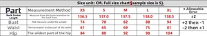 Detailed size chart for black split maxi dress including bust waist and hip measurements