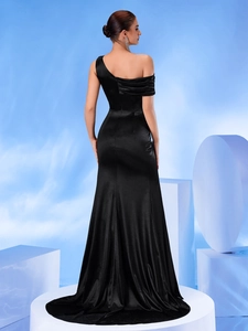 Elegant black one-shoulder satin evening gown with pleated back and draped slit skirt