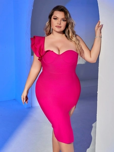 Detail of fuchsia one-shoulder ruffle neckline and heart-shaped bodice on bandage dress