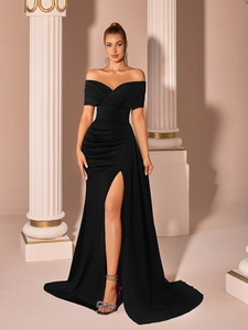 Detail of elegant off-shoulder black satin evening dress with high slit and slim fit silhouette