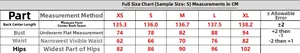 Comprehensive size chart for satin evening dress with detailed measurements in CM
