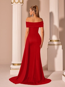 Detail of red off-shoulder satin gown with mermaid hem and hidden back zipper